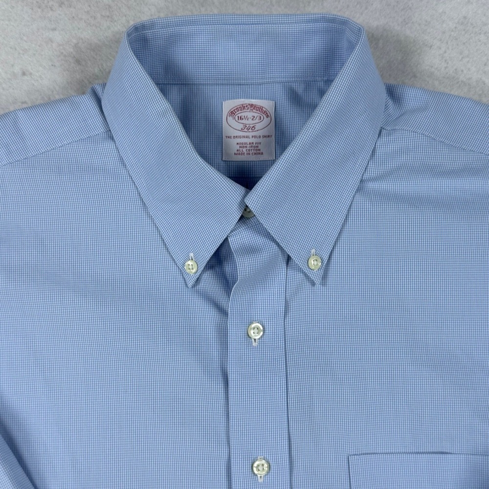 Brooks Brothers 346‎ Mens 16.5 32/33 Blue Micro Check Non-Iron Button Down Shirt